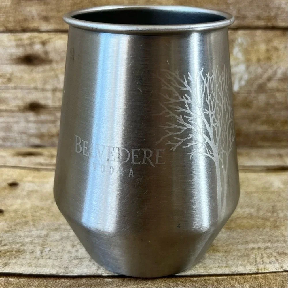 Belvedere Vodka Stainless Steel Stemless Tumbler Cup Silver Tree Logo Etched Bar